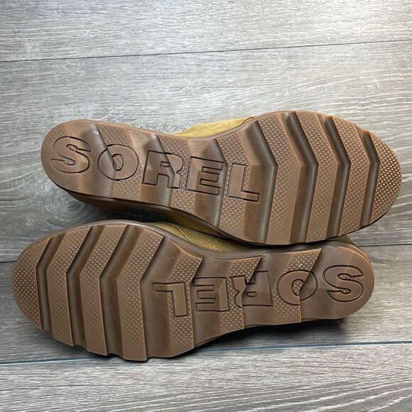 Sorel Lexie Wedge Tan Leather Gray Felt Women’s Sz 10 Lace Up Hidden Wedge Boots - Picture 8 of 11